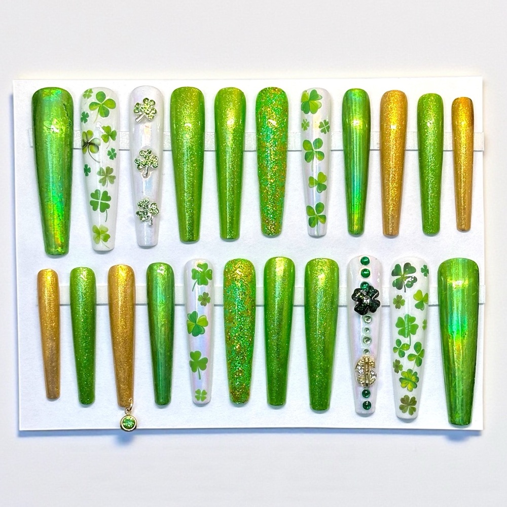 Handmade Custom Press On Nails 2X Long Coffin Bling Green St Patrick’s Day Nails